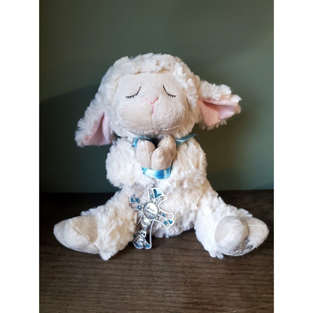Ganz Praying 'Jesus Loves Me' Lamb Plush Blue Bow Cross Pendant 10" Sitting